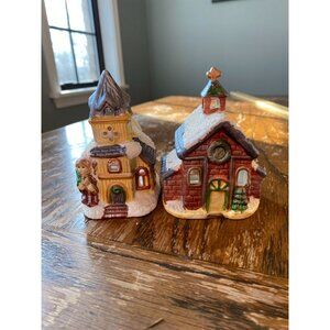 Vintage Christmas Ceramic Church Tealight Candle Holders 2-Piece Set